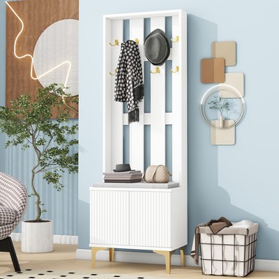 24''W 4 in 1 Modern Hall Tree Coat Rack Multifunctional Hallway Shoe Cabinet with Cushioned Storage Bench, Hooks and Adjustable Shelves-ModernLuxe