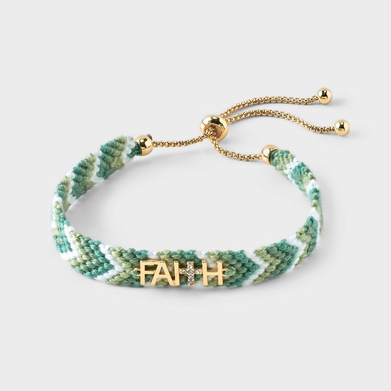 14k Gold Dipped &#34;Faith&#34; with Crystal Cross Woven Adjustable Bracelet - A New Day&#8482; Green, 4 of 6