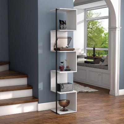 White Wood 5-Tier Corner Bookcase with Metal Support