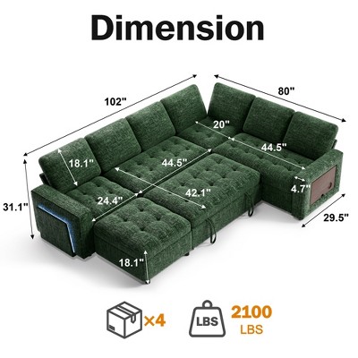 Vipbear 8 Seat Large U Shaped Sectional Couch Modular Sectional Sleeper Sofa with Pull Out Bed/Reclining Backrest/Table/LED Light,Tool-Free Assembly