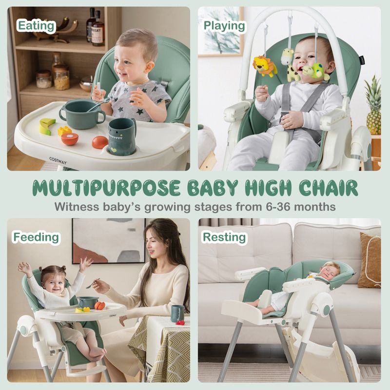 Infans Foldable Baby High Chair w/ 7 Adjustable Heights & Free Toys Bar for Fun Green, 4 of 11