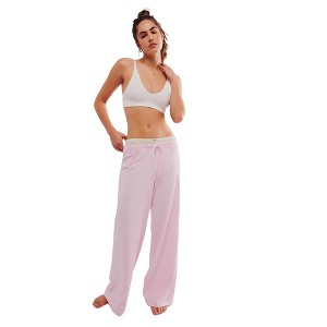Women's Striped Casual Loose Drawstring Wide - Leg Pants, Comfortable Lounge Trousers for Daily Wear, Yoga, and Relaxing pink M - 1 of 4
