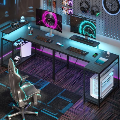 Bestier 52" Gaming Desk with LED Lights L Shaped Desk with Power Outlet & Monitor Stand Corner Computer Desk