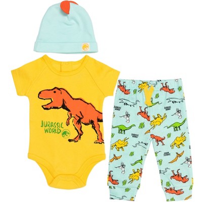 Image of Jurassic World Newborn Baby Boys 3 Piece Outfit Set: Bodysuit Pants Hat Blue / Yellow 0-3 Months