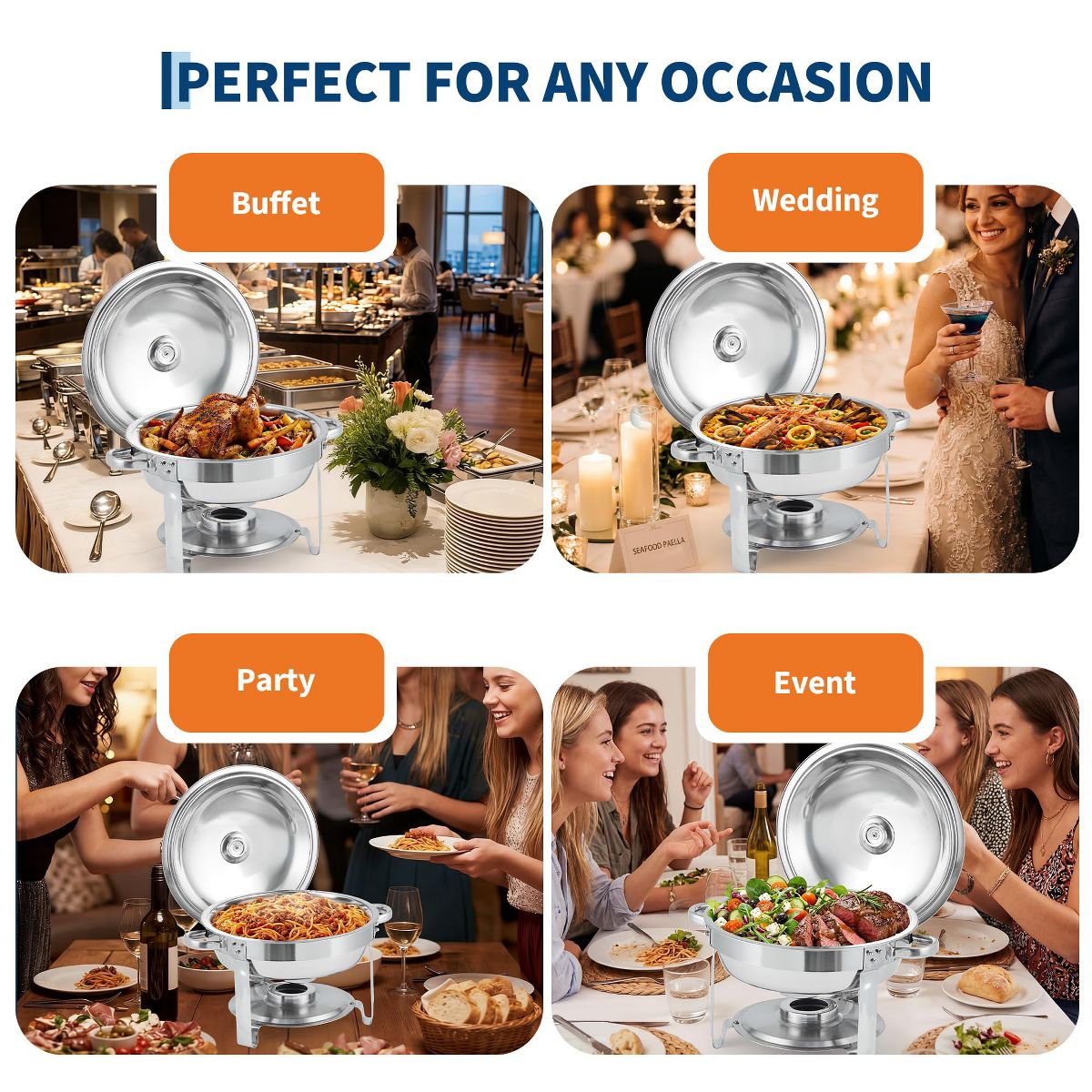 6QT Round Stainless Steel Chafing Dishes, Set of 4 Buffet Food Warmers, Metal Lids, for Catering, Parties, Silver - thumbnail 2