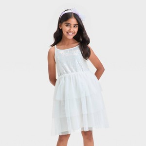 Girls' Sleeveless Tiered Tulle Sequin Dress - Cat & Jack™ White - 1 of 3