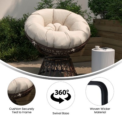 360° Swivel Patio Chair with Beige Cushion and Brown Metal Frame