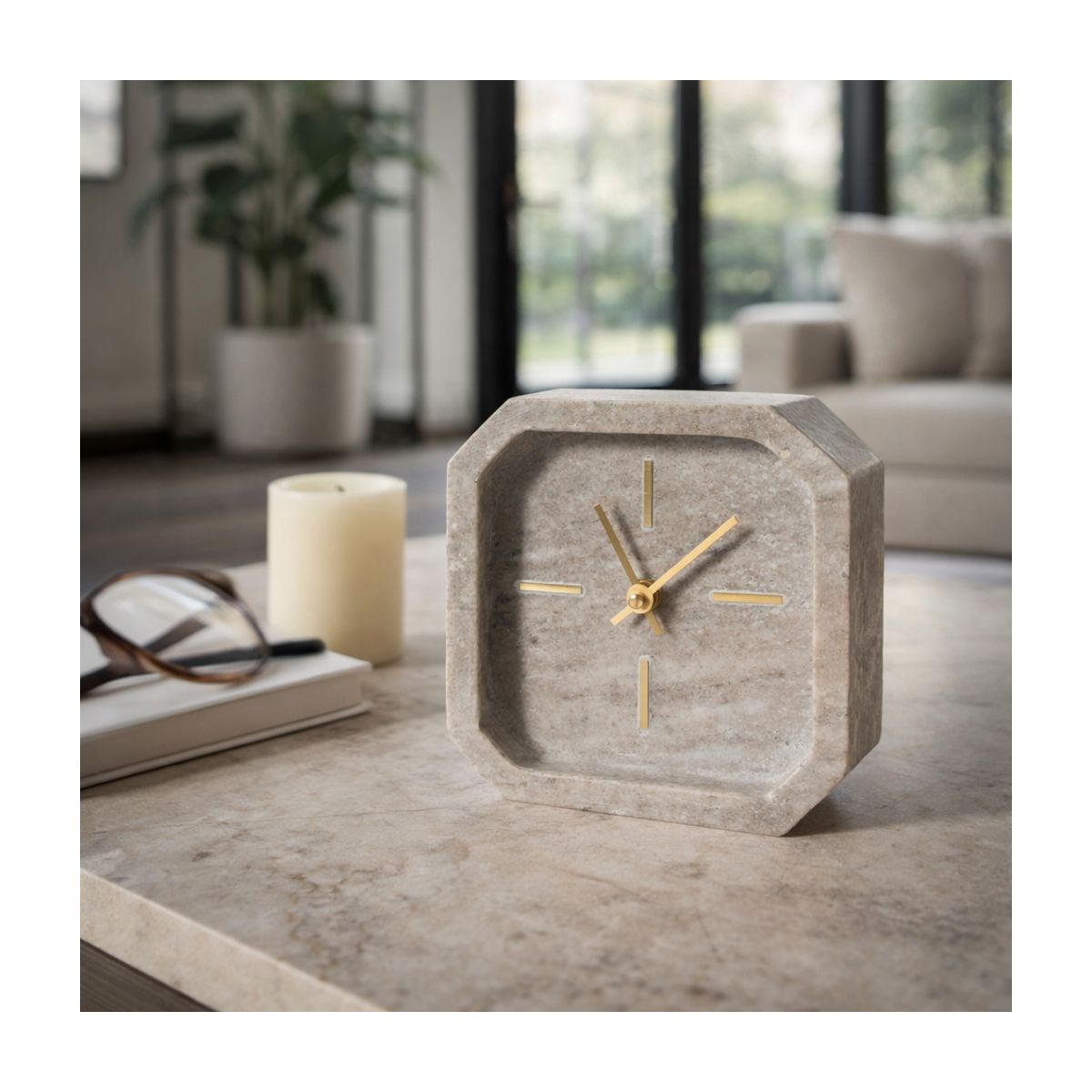 Octagon Marble Table Clock for Living Room and Office Decor - Small Decorative Desk Clock for Mantel, Shelf, Console, and Table