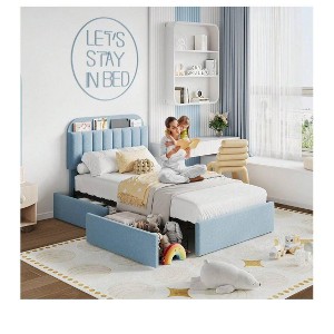 2025 New Bed Frame With 2 Flexible Drawers And Bookcase Headboard, Boucle Upholstered Platform Bed For Boys/Girls, Noise-Free, Easy Assembly, No Box - 1 of 4