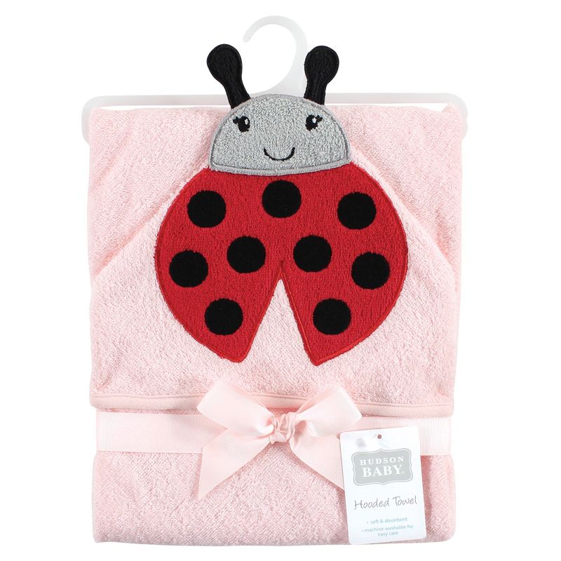 Hudson Baby Infant Girl Cotton Animal Face Hooded Towel, Pink Ladybug, One Size, 2 of 3