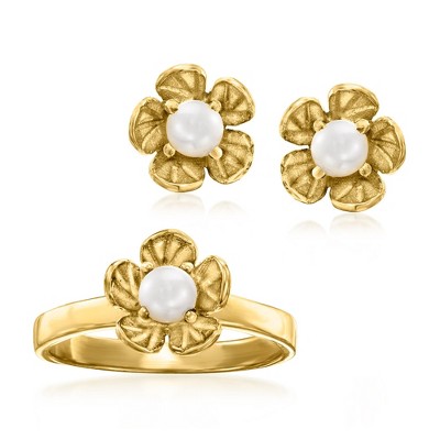 Ross-Simons 4-4.5mm Cultured Pearl Floral Jewelry Set: Earrings and Ring in 18kt Gold Over Sterling