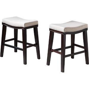 26.15"H Fabric and PU Leather Armless Counter Stool (Set of 2) with Saddle-Shaped Studded Seat and Rubberwood Frame for Kitchen - 1 of 4