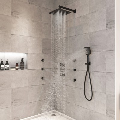 Matte Black 12-Inch Wall Mount Shower System with 6 Body Jets