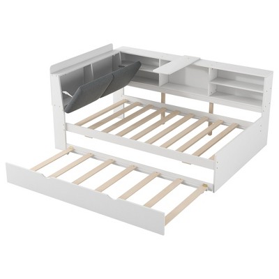 YNXARIA White Twin - Sized Wooden Bed Frame: Storage Headboard, Shelf and Smooth - rolling Rollers Included