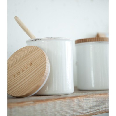 White Ceramic Salt Canister with Wooden Lid