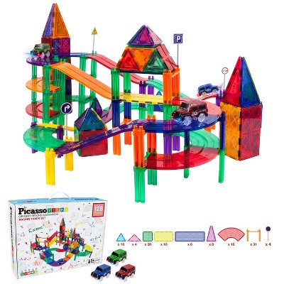 Picasso Tiles 128 Piece Magnetic Early Educational Toy Building Block Kit Race Track Set w/ Motorized LED Cars For Kids Ages 3 and Up, Multicolor