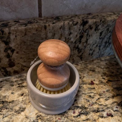 4 Pieces Wooden Dish Brush with Holders Bamboo Round Mini Palm