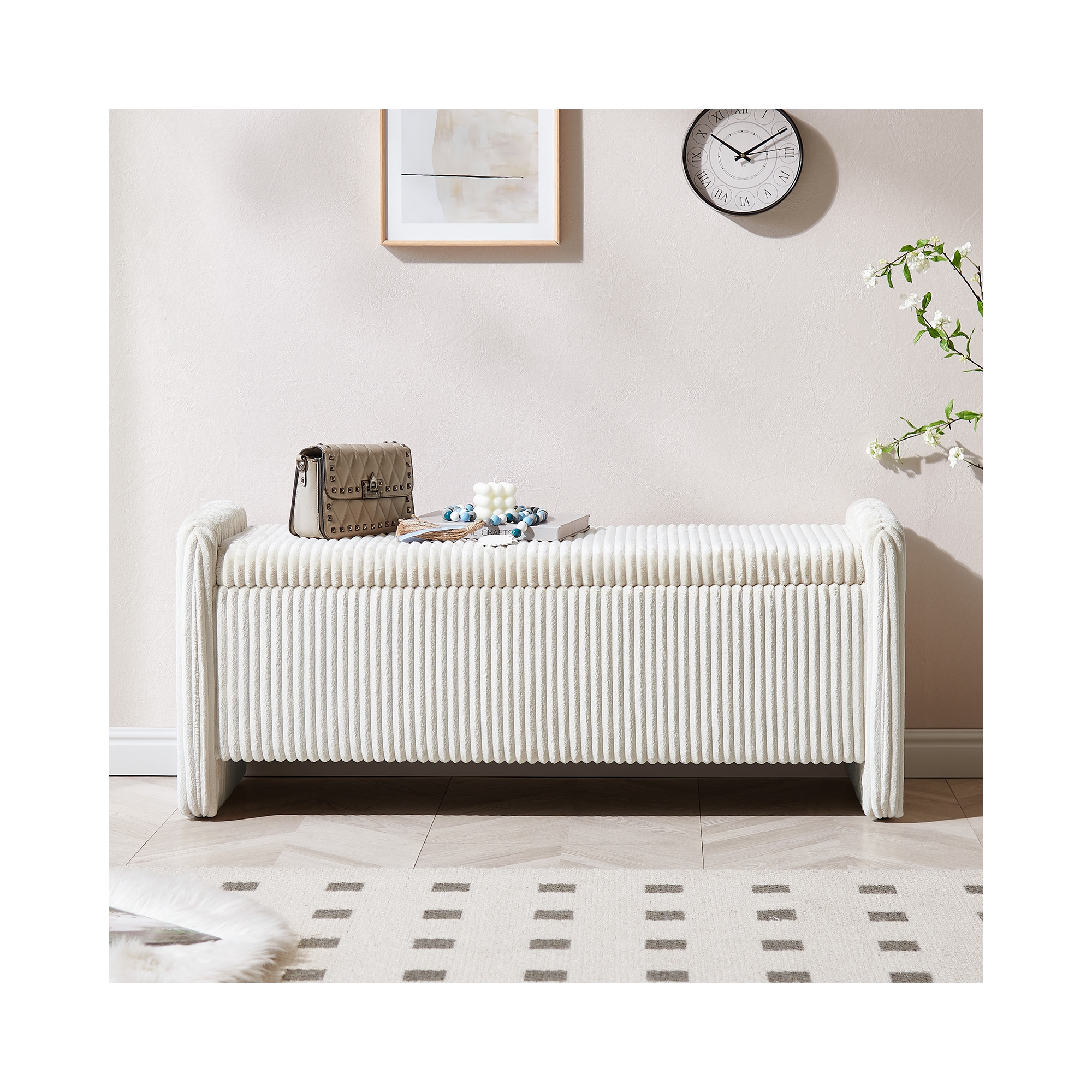 PINMOCO 44 inch Velvet Ottoman Bench, Upholstered Storage Footrest for Living Room and Bedroom, Off-White