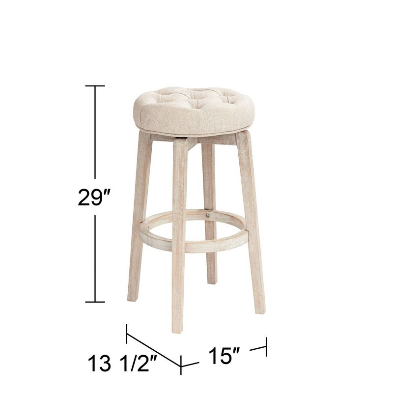 55 Downing Street Shelby White Wood Swivel Bar Stool 29" High Farmhouse Rustic Oatmeal Upholstered Cushion with Footrest for Kitchen Counter Height, 4 of 9