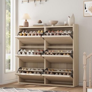 Shoe Cabinet with Flip-Down Doors - Space-Saving Entryway Organizer with Adjustable Shelf, Wooden Shoe Storage - 1 of 4