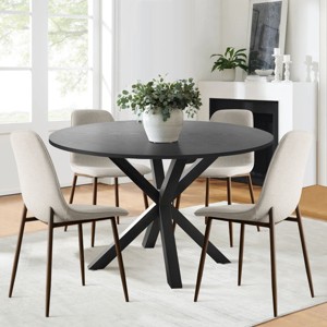5 Pcs Dining Set for 4 Round Dining Table with Crossed Metal Legs and Oak Grain Upholstered Chairs for Kitchen and Dining Room - Tanpinhause - 1 of 4