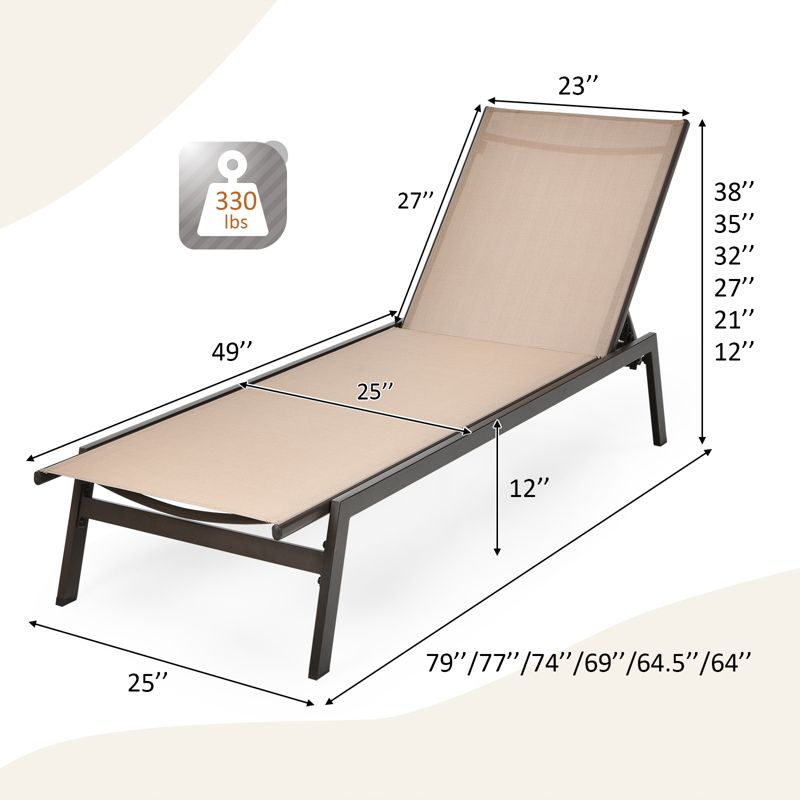 Tangkula 2PC Patio Chaise Lounger with 6-Postion Adjustable Backrest and Breathable Fabric Brown, 3 of 9