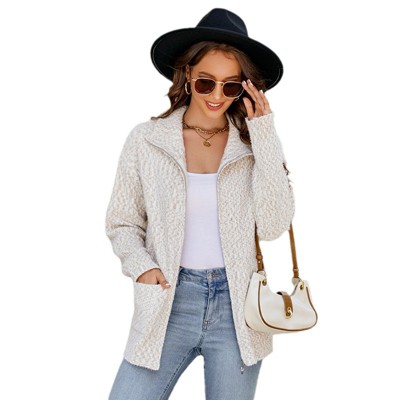 Women's Knitted Cardigan Lapel Full Zipper Sweater Jacket Long Sleeve Casual Sweater Coat Side Pockets