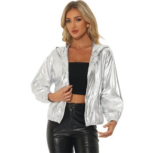 Allegra K Women's Casual Holographic Hooded Long Sleeve Zipper Metallic Jacket - 1 of 4