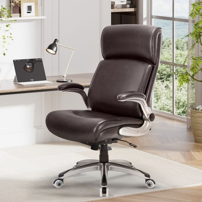 High Back Big and Tall Office Chair 300lbs, Ergonomic Leather Desk Chair with Flip-Up Lumbar, Padded Arms, Upgraded Casters, Thick Cushion - Brown
