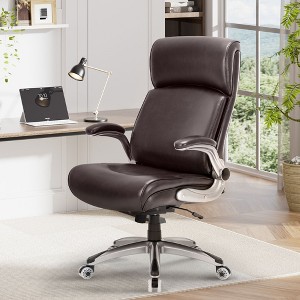High Back Big and Tall Office Chair 300lbs, Ergonomic Leather Desk Chair with Flip-Up Lumbar, Padded Arms, Upgraded Casters, Thick Cushion - Brown - 1 of 4