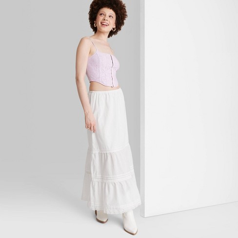 White Cotton Poplin Lace Waistband Maxi Skirt