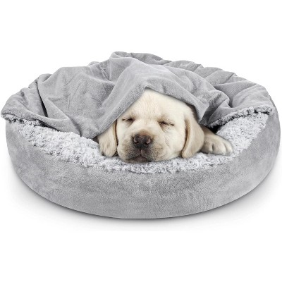 Small Dog Bed Cat Bed with Hooded Blanket, Cozy Cuddler Luxury Puppy Pet Bed, Donut Round Calming Anti-Anxiety Dog Burrow