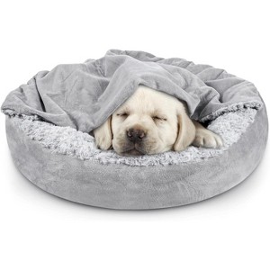 Small Dog Bed Cat Bed with Hooded Blanket, Cozy Cuddler Luxury Puppy Pet Bed, Donut Round Calming Anti-Anxiety Dog Burrow - 1 of 4