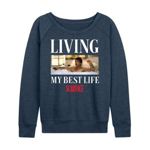 Women's - Scarface - Living My Best Life Lightweight French Terry Wide Neck Long Sleeve Graphic Shirt - 1 of 4