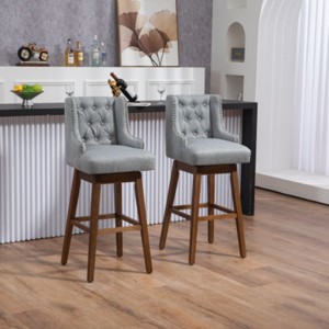 360 Degrees Swivel Bar Stool Set Of 2,Kitchen Chair With Footrest And Wood Legs,Linen Fabric Fixed Counter Height Chair-Cuddlewood - 1 of 4
