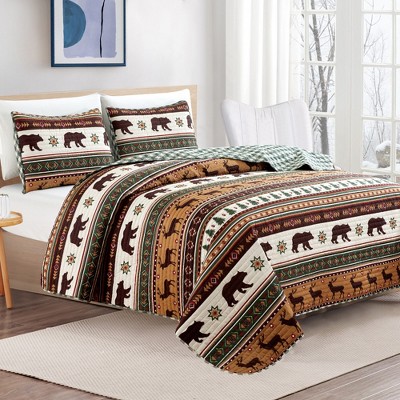 Full Brown Microfiber Reversible Lodge Quilt Set