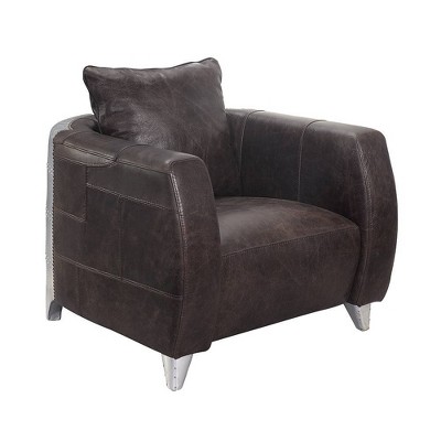 Kalona 34" Distressed Chocolate Leather and Metal Accent Chair