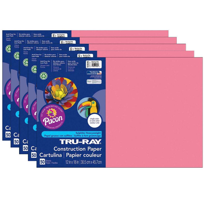 Tru-Ray® Construction Paper, Shocking Pink, 12" x 18", 50 Sheets Per Pack, 5 Packs, 1 of 3
