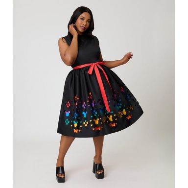 Unique Vintage Women's Plus Size Swing Dress Black & Rainbow Stripe Cutout 4X/28W-30W : Target