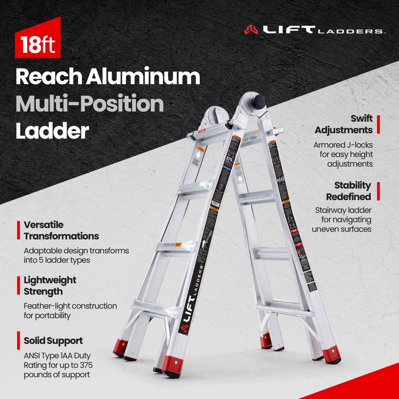 Lift Ladders 18 Foot Reach Adjustable 5 in 1 Multi Position Lightweight Aluminum Hinge Step Ladder with Armored J Locks and 375 Pound Capacity, Silver, 2 of 7