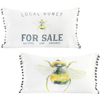 Bee Themed Off-White Polyester Lumbar Pillow Covers, Set of 2