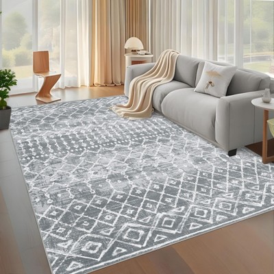 Washable Vintage Geometric Rug Non Slip Low Pile Rug Soft Floor Cover Foldable Indoor Carpet for Living Room Bedroom Playroom Office