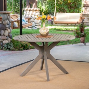 Stanford Outdoor Round Acacia Wood Dining Table with X Base, Gray Finish - 1 of 4