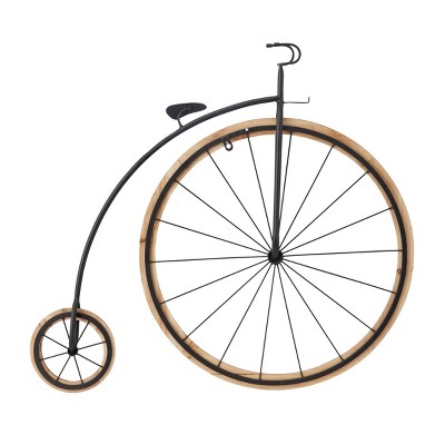 Metal Bike Penny Farthing Wall Decor with Wood Wheels Brown - Olivia & May: Iron Artwork, Traditional Style, Keyhole Hook