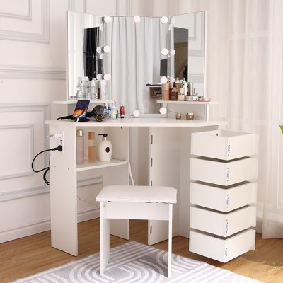 Garvee Makeup Vanity Desk with Lights & Power Outlet-Corner Vanity Table with 5 Rotating Drawers, for Bed Room