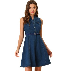 Allegra K Women's Denim Sleeveless V Neck Belted Fit And Flare Shirt Dress - 1 of 4