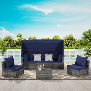 5-Piece Outdoor Patio Wicker Daybed Furniture Set with Retractable Canopy Storable Side Table and Soft Cushions - 1 of 4