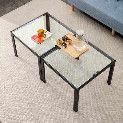 Set of 2 Coffee Table Cocktail Table Center Table Side Table Computer Table Makeup Table  with Tempered Glass Top, Black/Transparent-ModernLuxe