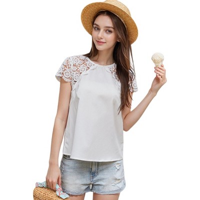 Anna-Kaci Women's Lace Raglan Sleeve Light Short Sleeve Blouse