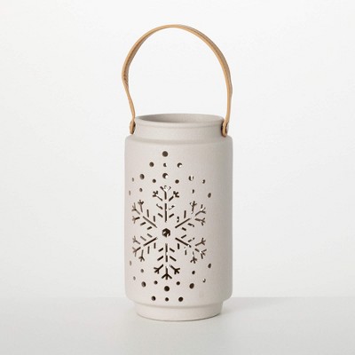 11.25"H Sullivans Christmas Pierced Snowflake Lantern, Cream, Indoor Christmas Decor